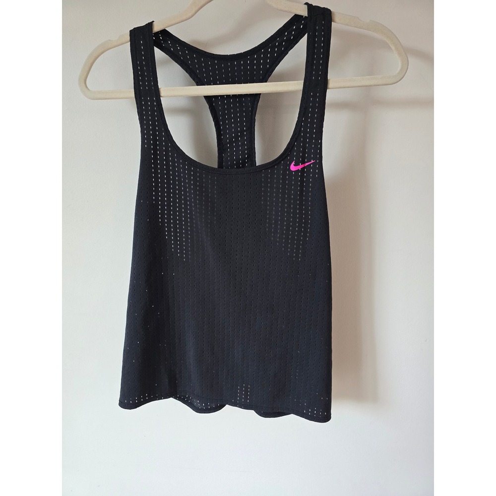 Nike Women Black Perforated Mesh Racerback Tank Top Pink Swoosh NESS9241-001 M